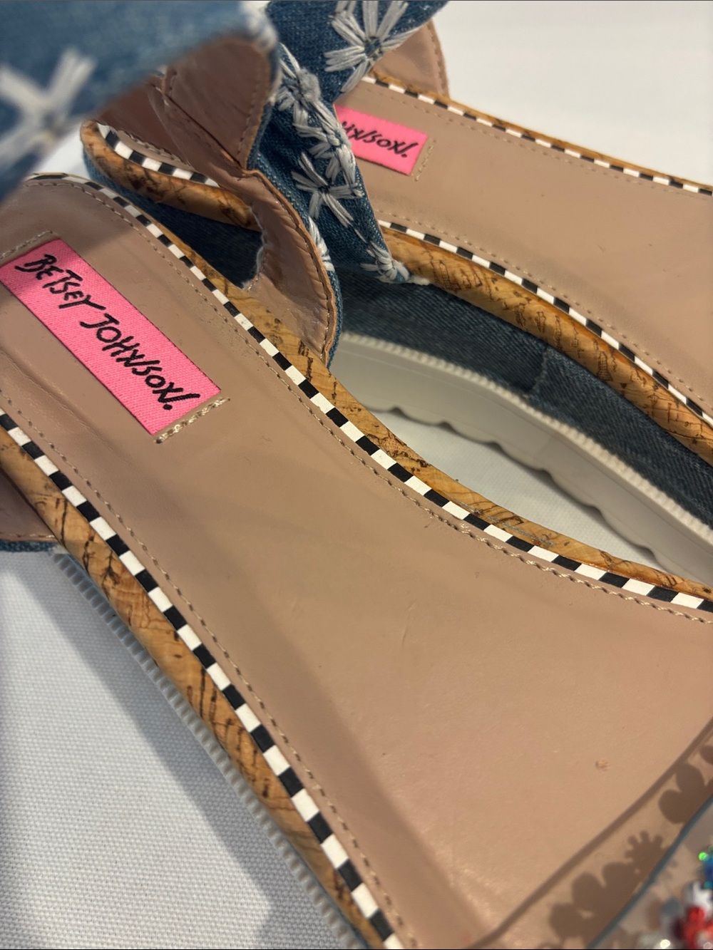 Betsey Johnson cork platform Denim Wedge Sandals with Floral Sequins straps. 9 - Picture 9 of 10